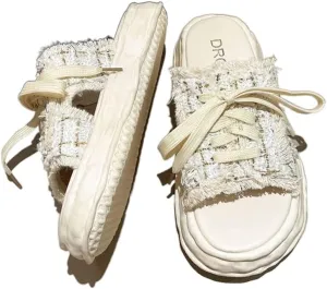 MOLERFO Women's Sandals Open-toe Denim In Backless Canvas Shoes Step on Cloud Platform Sandals