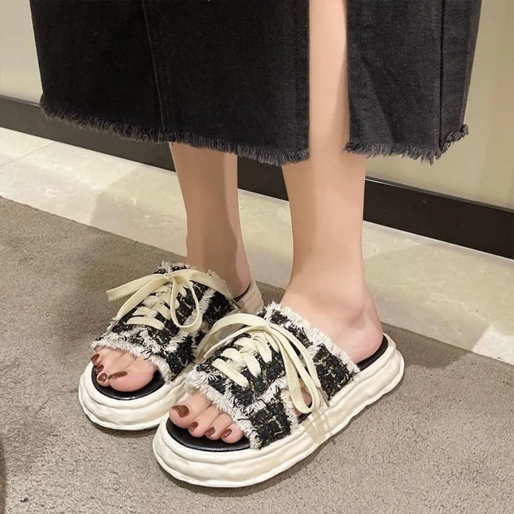 MOLERFO Women's Sandals Open-toe Denim In Backless Canvas Shoes Step on Cloud Platform Sandals