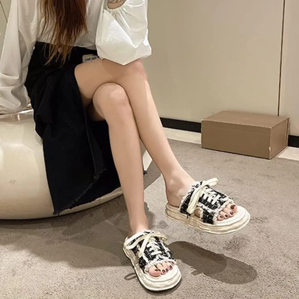 MOLERFO Women's Sandals Open-toe Denim In Backless Canvas Shoes Step on Cloud Platform Sandals