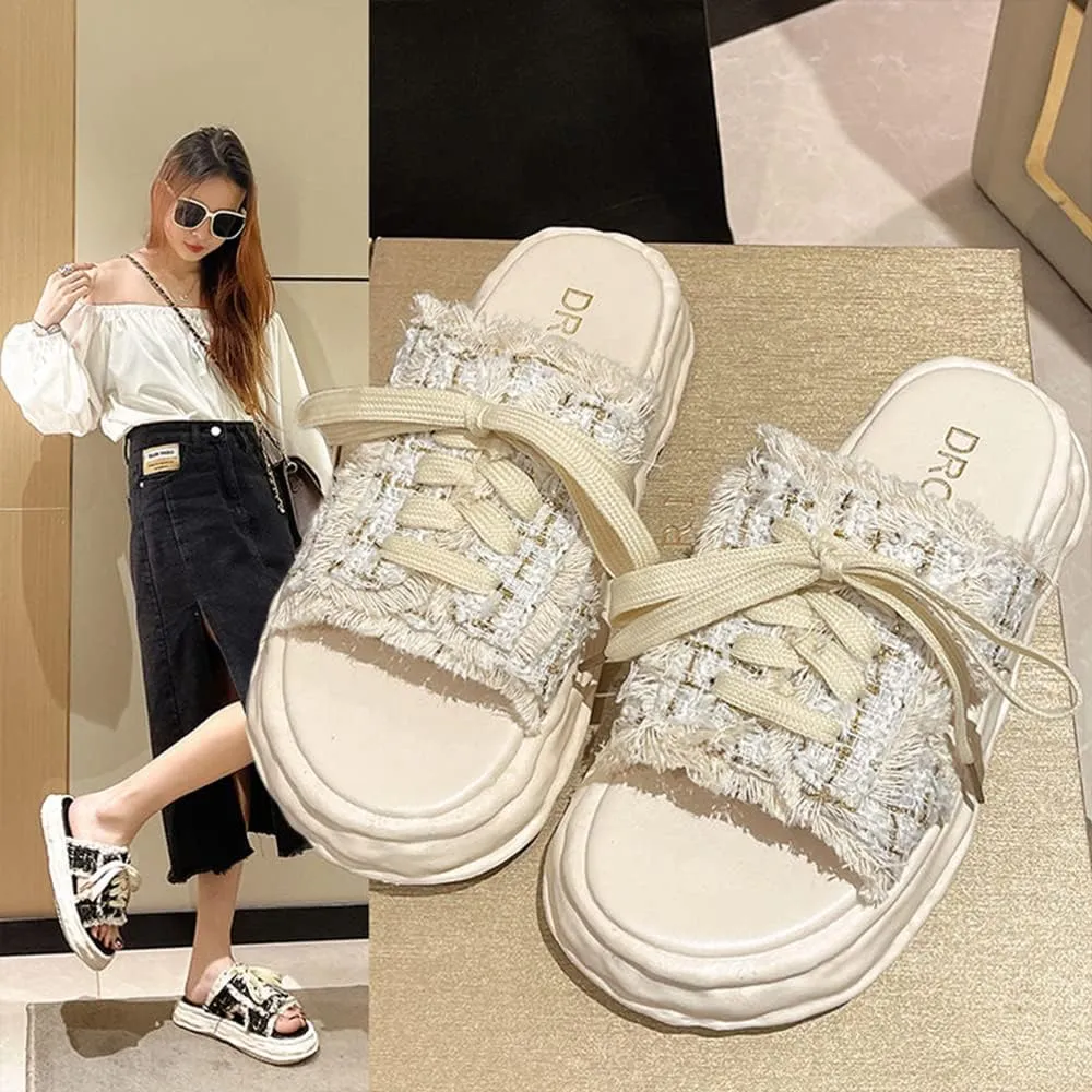 MOLERFO Women's Sandals Open-toe Denim In Backless Canvas Shoes Step on Cloud Platform Sandals