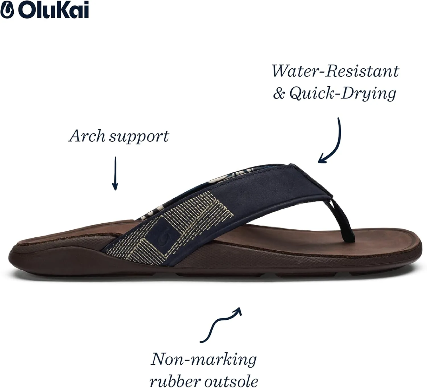 OLUKAI Tuahine Men's Waterproof Leather Sandals, Versatile Beach Flip Flops, Arch Support & Comfort Fit, Lightweight & Durable, Enhanced Grip & Traction
