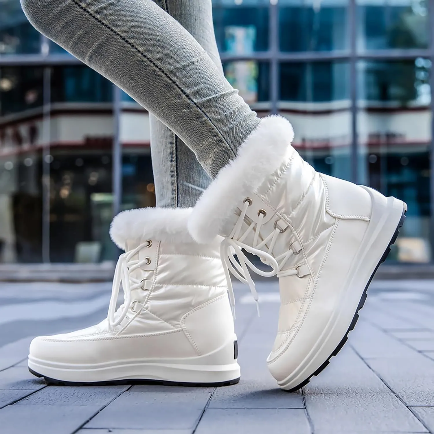 Platform Snow Boots Women Winter Boots for Women Casual Fashion Lace-up High Top Sneakers Warm Cozy Fleece Lined Cold Weather Boots Water-proof Anti-Slip Outdoor Shoes Mid Calf Boots