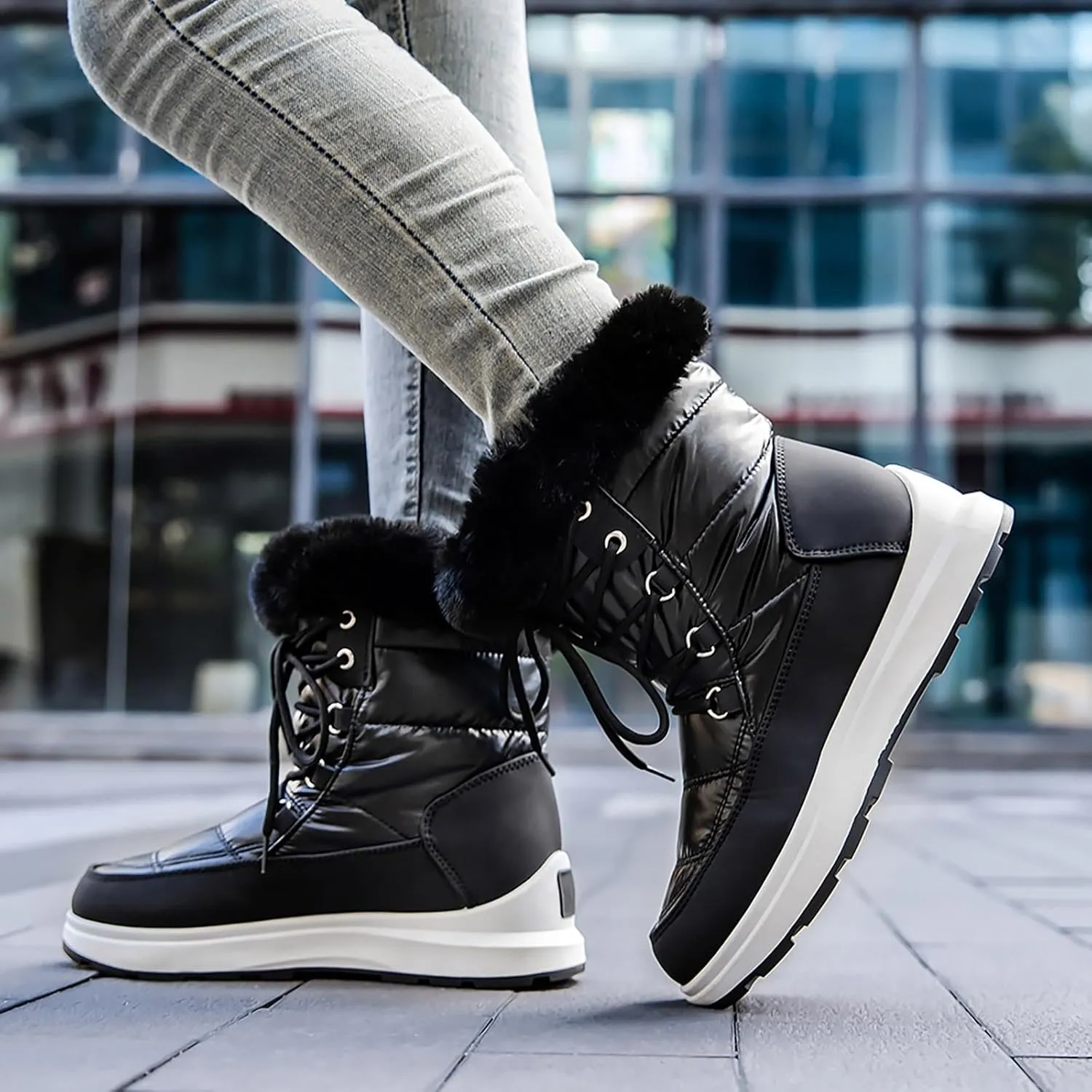 Platform Snow Boots Women Winter Boots for Women Casual Fashion Lace-up High Top Sneakers Warm Cozy Fleece Lined Cold Weather Boots Water-proof Anti-Slip Outdoor Shoes Mid Calf Boots