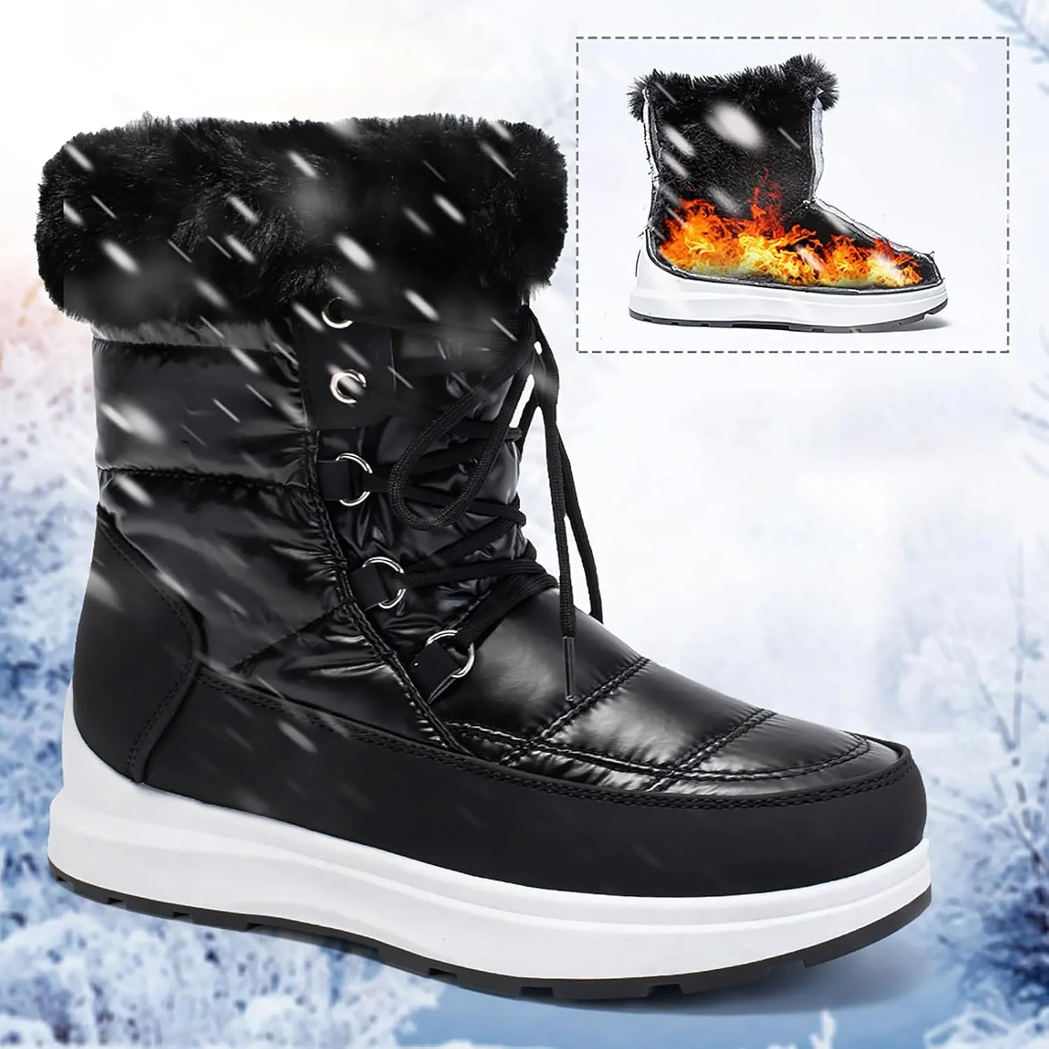 Platform Snow Boots Women Winter Boots for Women Casual Fashion Lace-up High Top Sneakers Warm Cozy Fleece Lined Cold Weather Boots Water-proof Anti-Slip Outdoor Shoes Mid Calf Boots