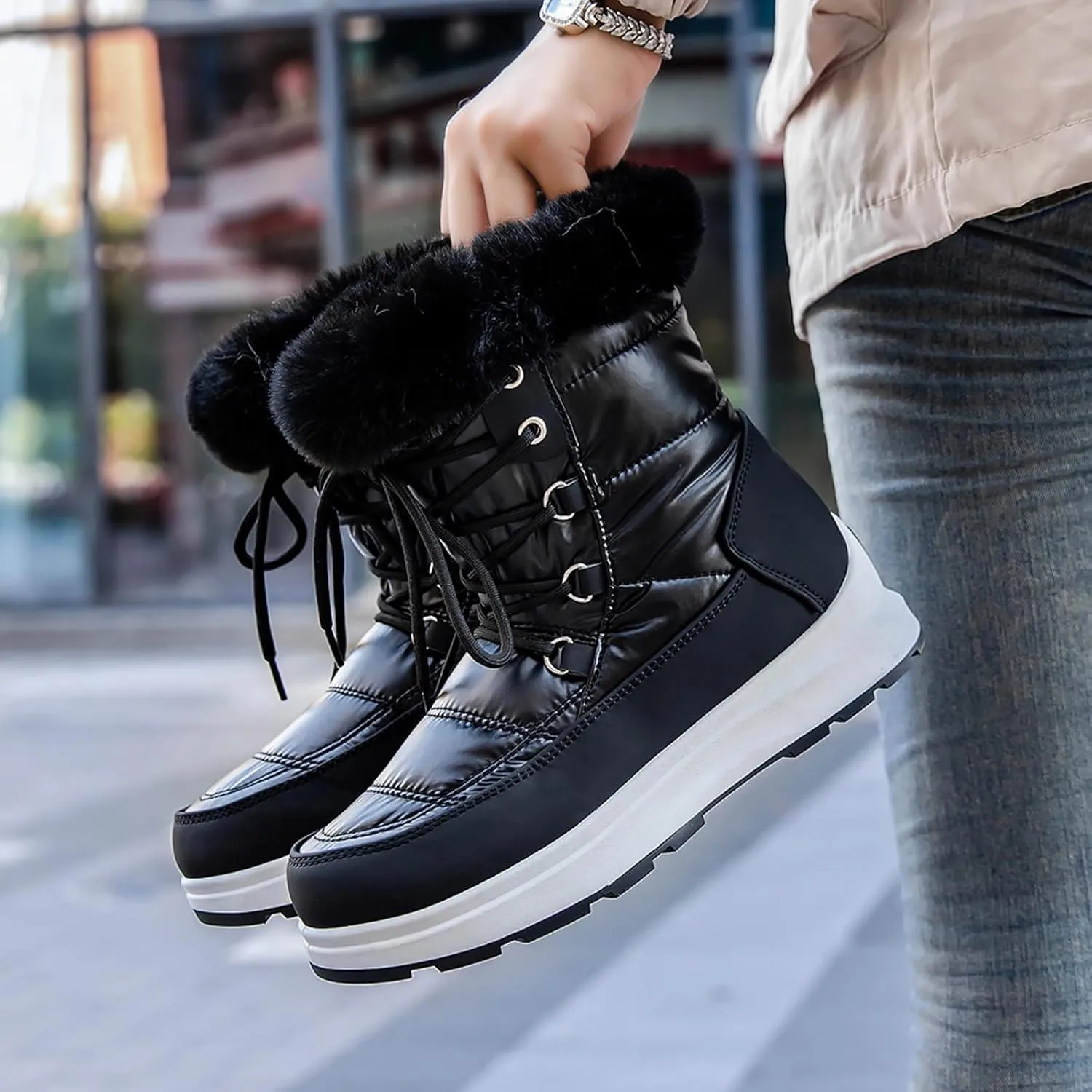 Platform Snow Boots Women Winter Boots for Women Casual Fashion Lace-up High Top Sneakers Warm Cozy Fleece Lined Cold Weather Boots Water-proof Anti-Slip Outdoor Shoes Mid Calf Boots