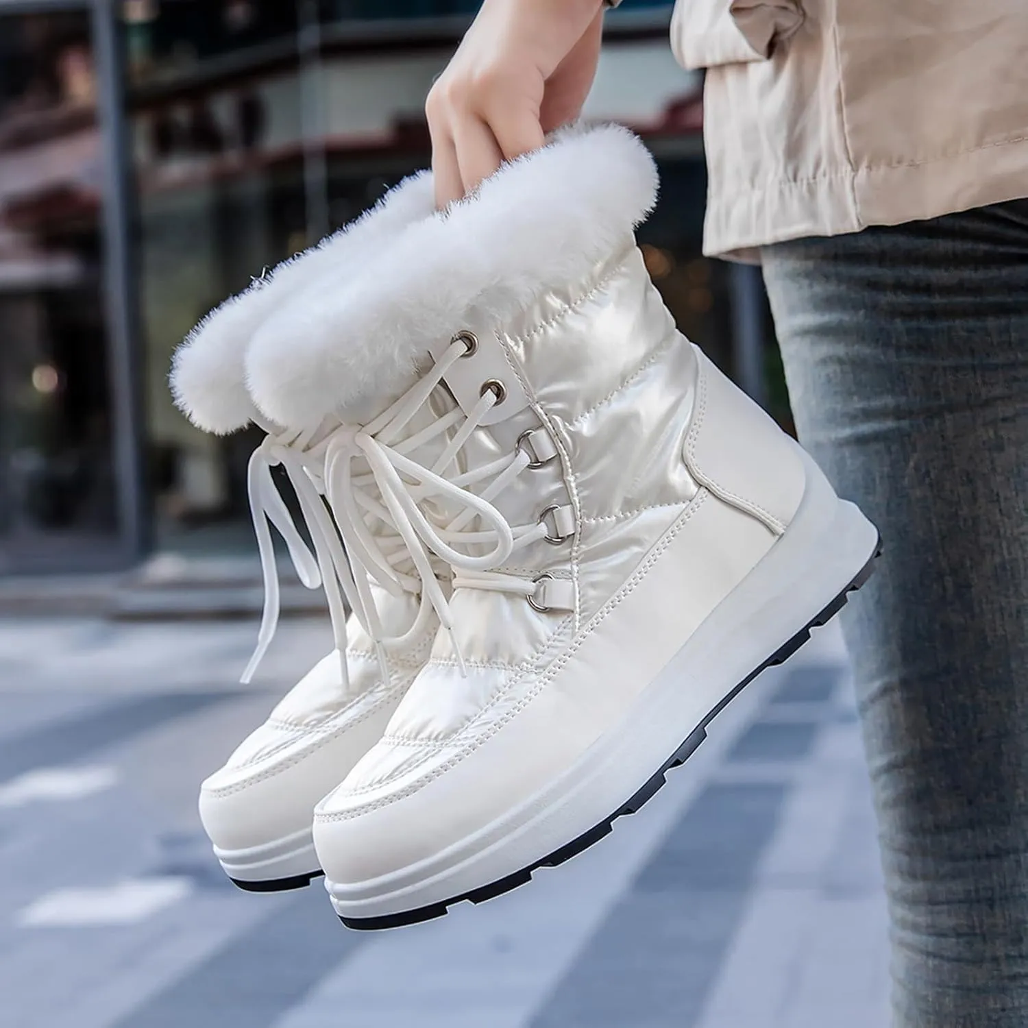 Platform Snow Boots Women Winter Boots for Women Casual Fashion Lace-up High Top Sneakers Warm Cozy Fleece Lined Cold Weather Boots Water-proof Anti-Slip Outdoor Shoes Mid Calf Boots