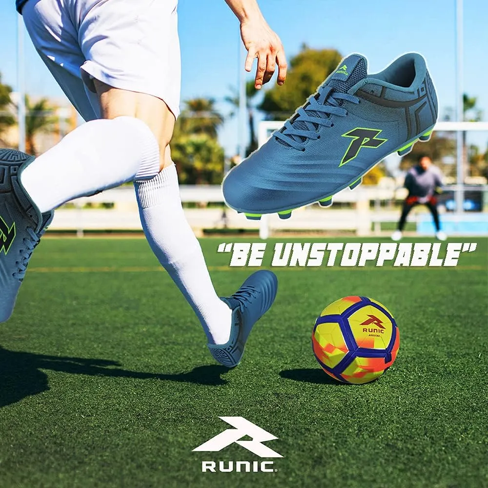 RUNIC Soccer Cleats for Men and Boys  Firm Ground Cleats with Multi-Shaped Studs - Textured Forefoot- Soft Lining -Flexible Upper - Reinforced Stitching - Black/Gold - 6