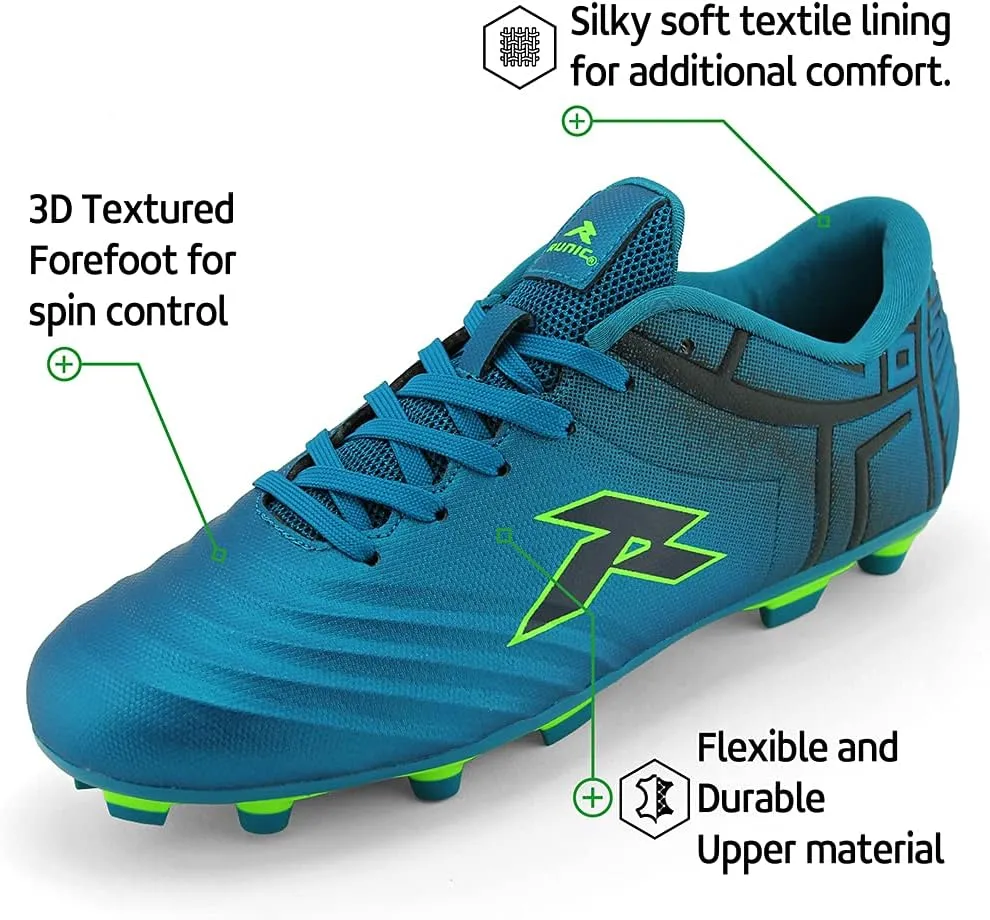 RUNIC Soccer Cleats for Men and Boys  Firm Ground Cleats with Multi-Shaped Studs - Textured Forefoot- Soft Lining -Flexible Upper - Reinforced Stitching - Black/Gold - 6