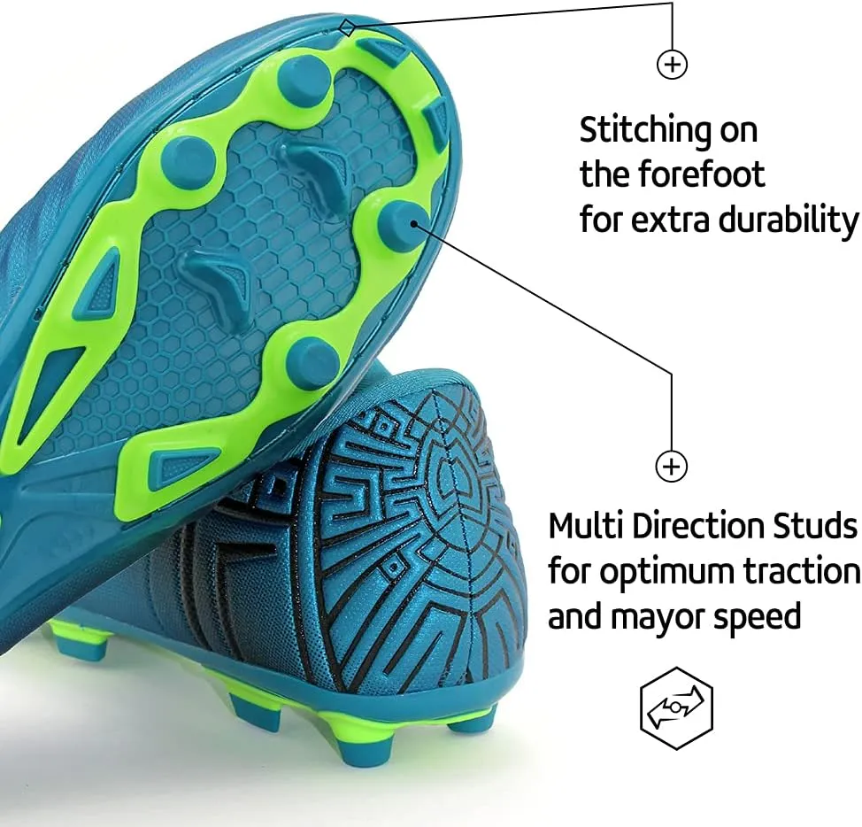 RUNIC Soccer Cleats for Men and Boys  Firm Ground Cleats with Multi-Shaped Studs - Textured Forefoot- Soft Lining -Flexible Upper - Reinforced Stitching - Black/Gold - 6