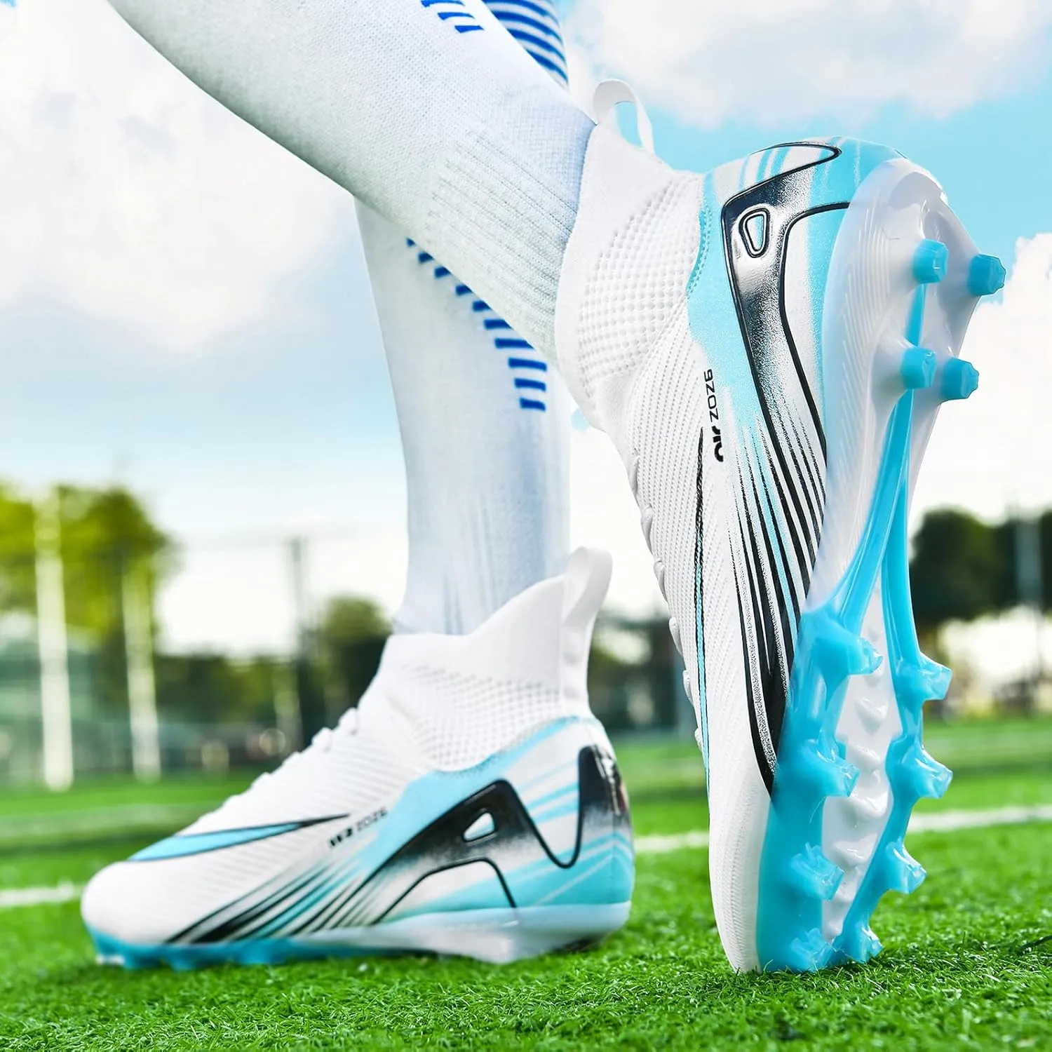 SARW Men's High-Top Soccer Cleats Football Shoes for Boys Girls Beginners Lightweight Youth Professional Indoor Outdoor Sports Athletic Baseball Lacrosse Sneaker Mint Green/Blue/White/Pink