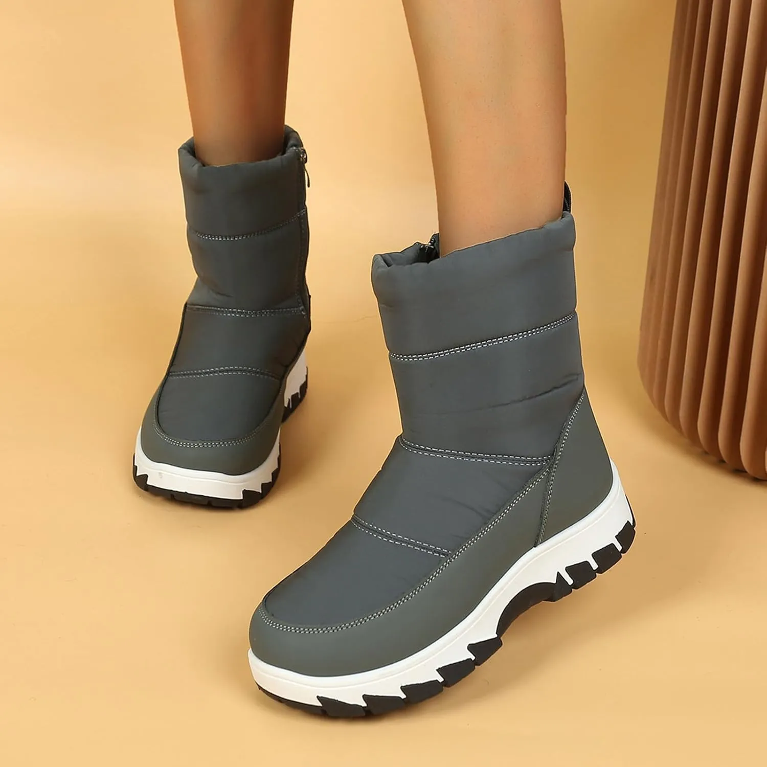 Snow Boots for Women Waterproof Mid Calf Boots Women Winter Warmth Plush Fabric Side Zipper Flat Bottom Cotton Boots