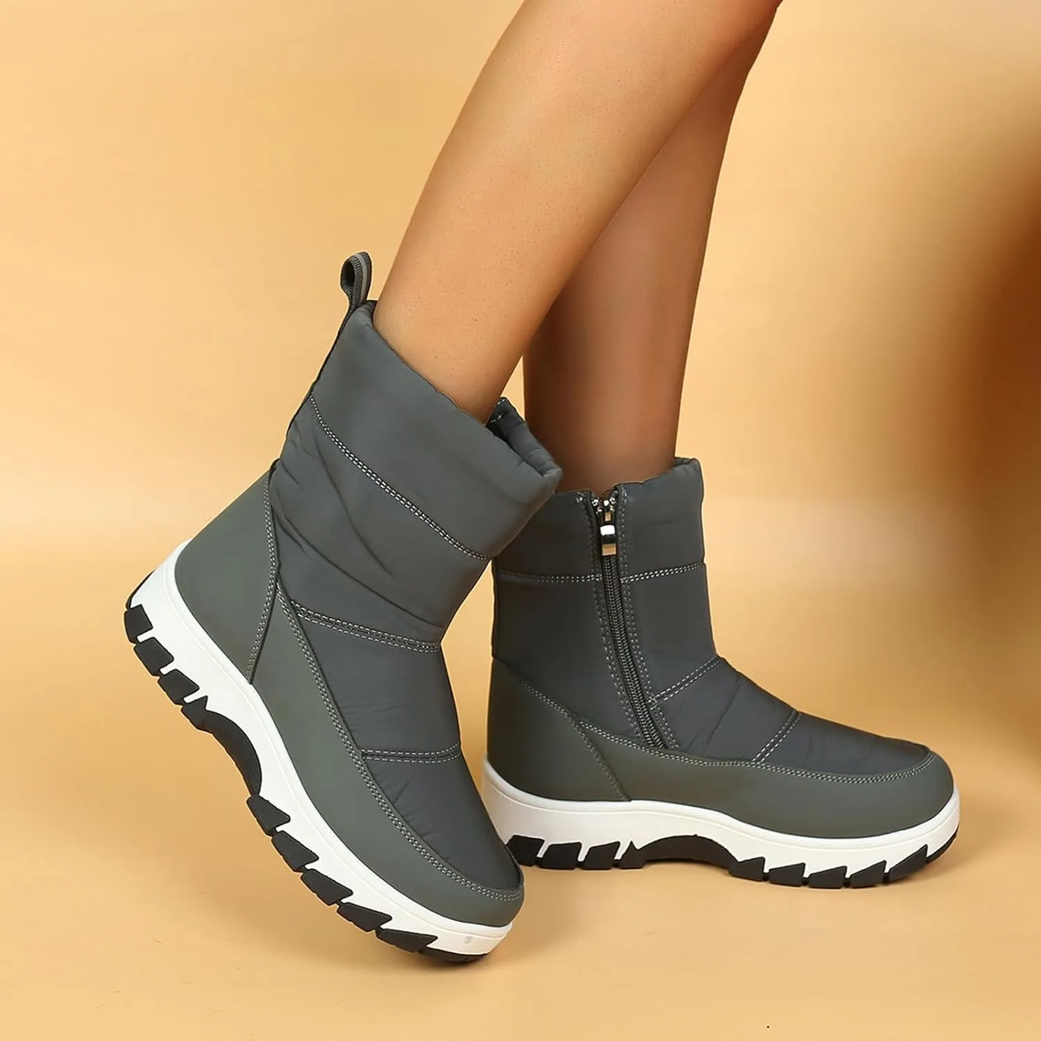 Snow Boots for Women Waterproof Mid Calf Boots Women Winter Warmth Plush Fabric Side Zipper Flat Bottom Cotton Boots