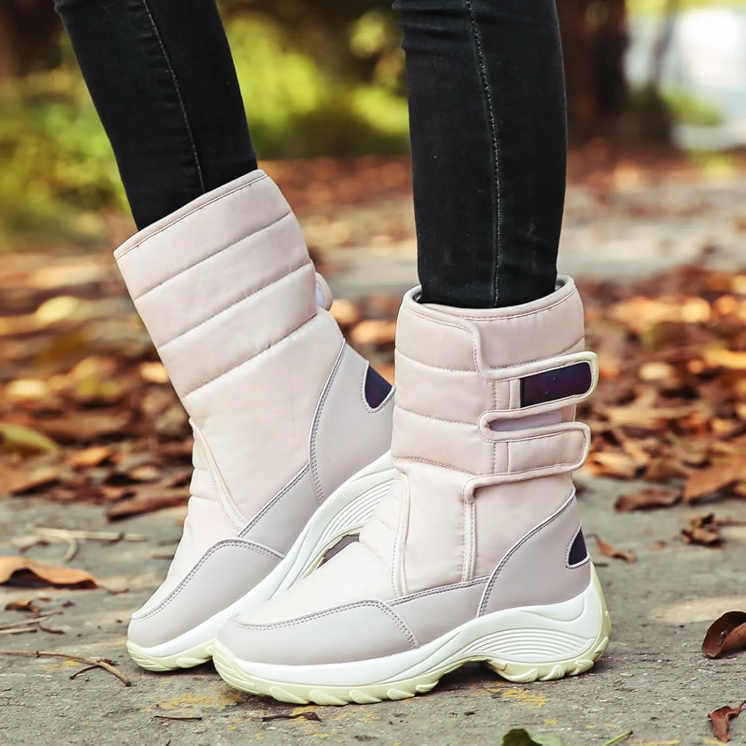 Snow Boots Women Winter Shoes Water-proof Insulated with Hook Loop Warm Fleece Lined Mid Calf Boots Anti Slip Ankle Boots Fashion Sneakers Outdoor Walking Shoes for Women Ladies Girls