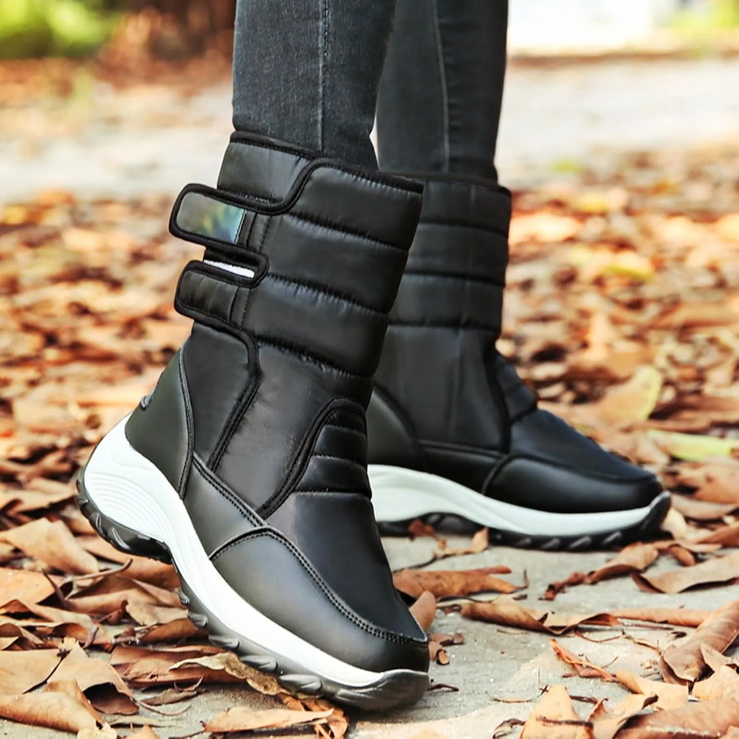 Snow Boots Women Winter Shoes Water-proof Insulated with Hook Loop Warm Fleece Lined Mid Calf Boots Anti Slip Ankle Boots Fashion Sneakers Outdoor Walking Shoes for Women Ladies Girls