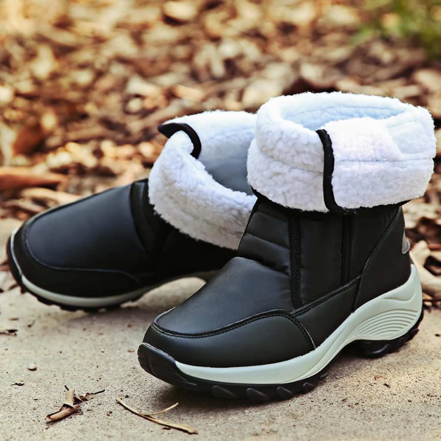 Snow Boots Women Winter Shoes Water-proof Insulated with Hook Loop Warm Fleece Lined Mid Calf Boots Anti Slip Ankle Boots Fashion Sneakers Outdoor Walking Shoes for Women Ladies Girls