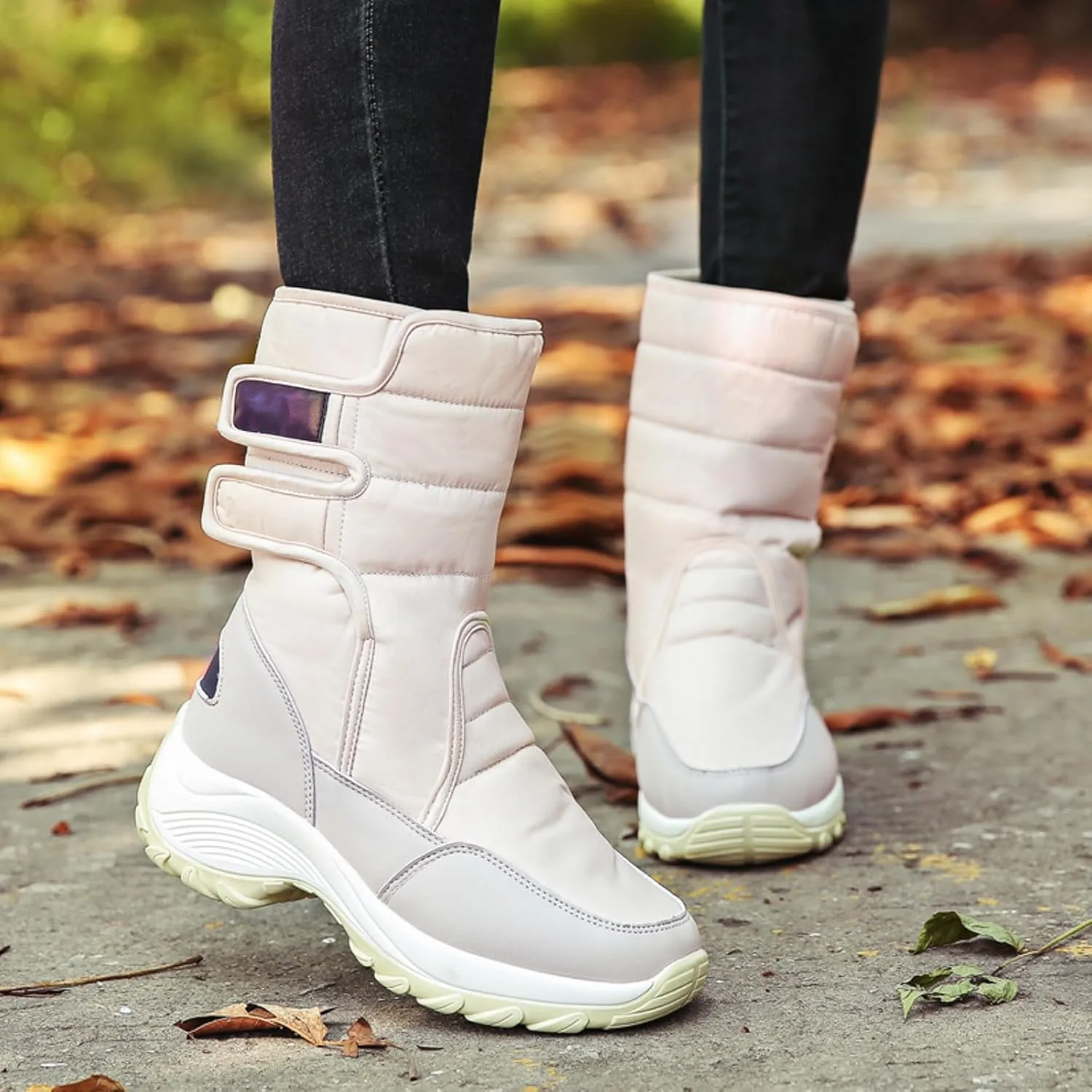Snow Boots Women Winter Shoes Water-proof Insulated with Hook Loop Warm Fleece Lined Mid Calf Boots Anti Slip Ankle Boots Fashion Sneakers Outdoor Walking Shoes for Women Ladies Girls