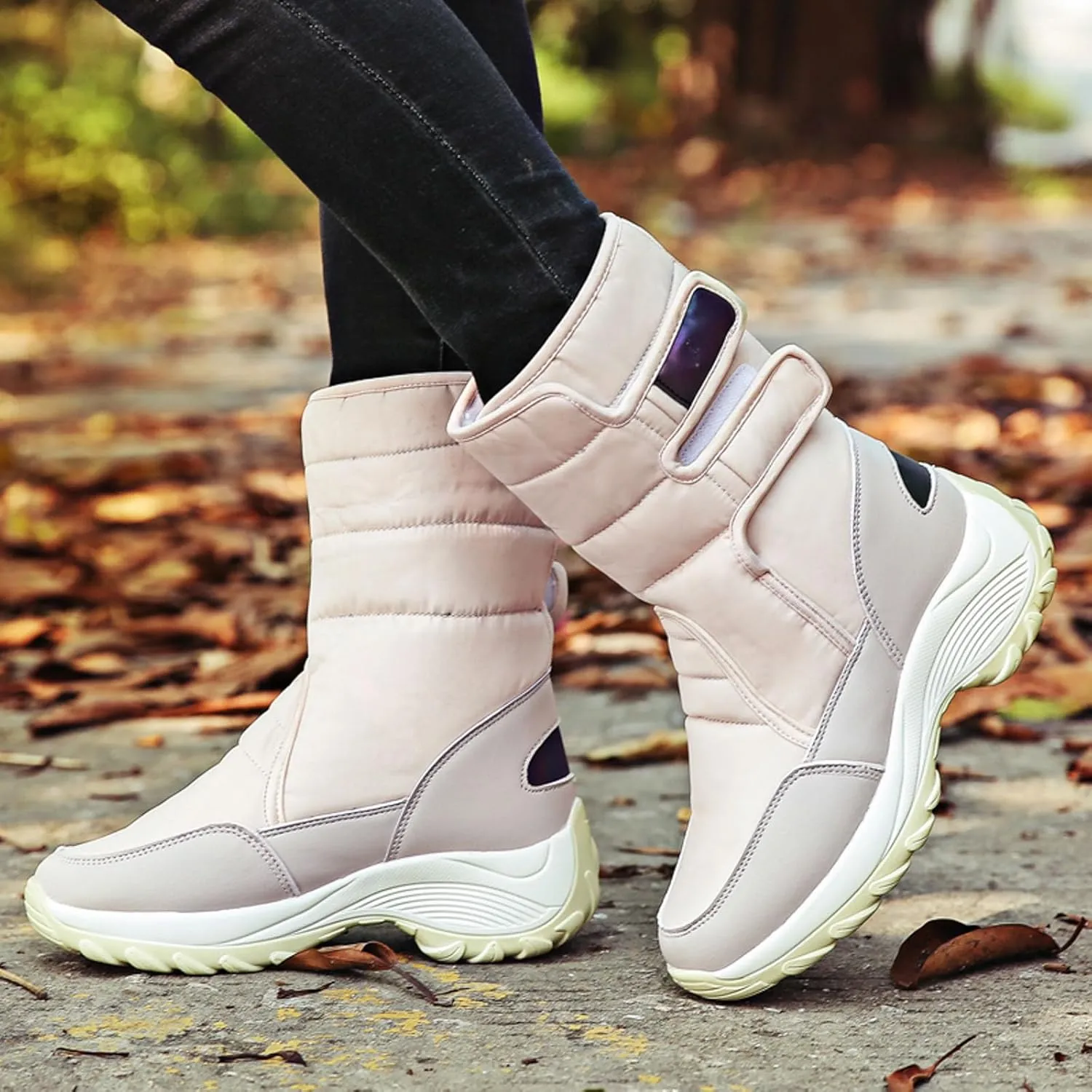 Snow Boots Women Winter Shoes Water-proof Insulated with Hook Loop Warm Fleece Lined Mid Calf Boots Anti Slip Ankle Boots Fashion Sneakers Outdoor Walking Shoes for Women Ladies Girls