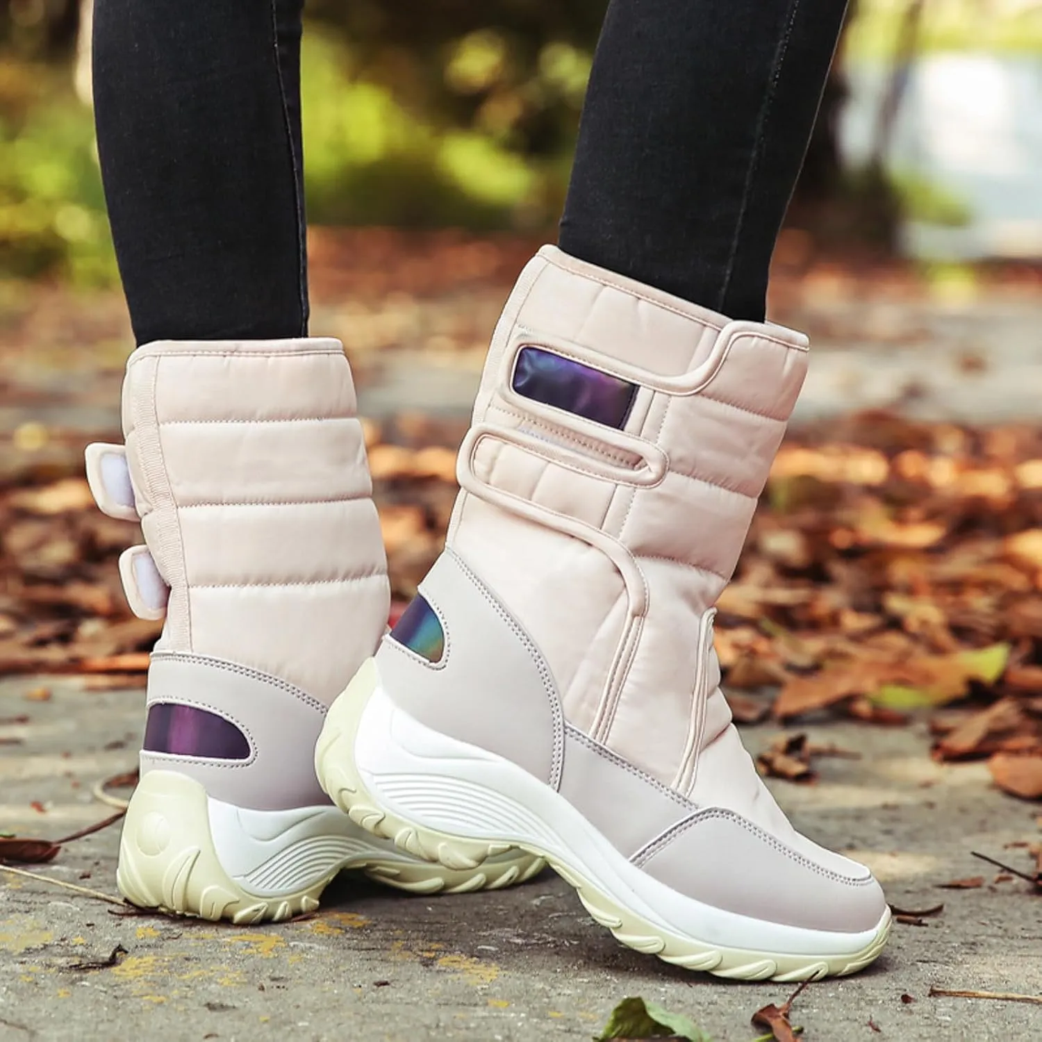 Snow Boots Women Winter Shoes Water-proof Insulated with Hook Loop Warm Fleece Lined Mid Calf Boots Anti Slip Ankle Boots Fashion Sneakers Outdoor Walking Shoes for Women Ladies Girls