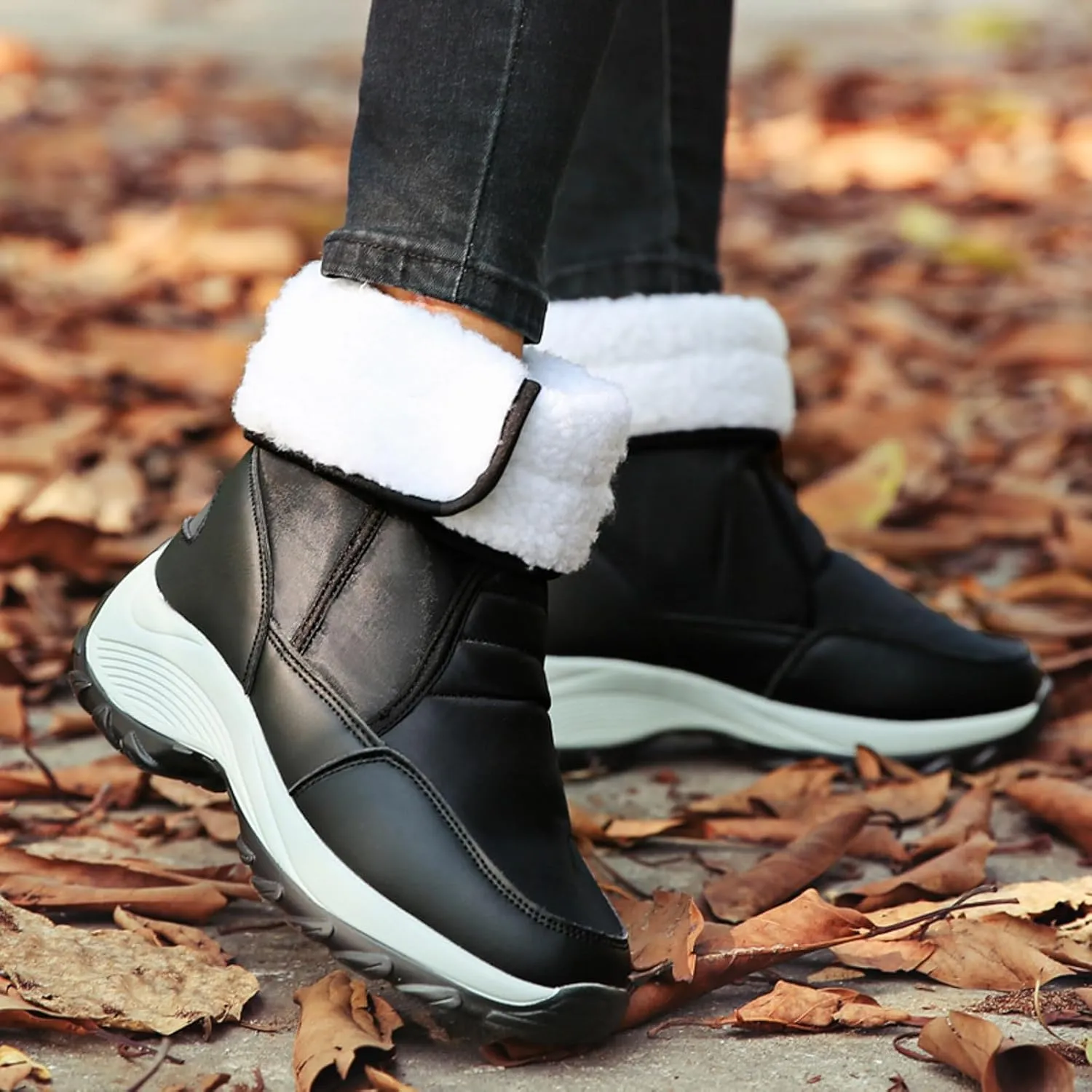 Snow Boots Women Winter Shoes Water-proof Insulated with Hook Loop Warm Fleece Lined Mid Calf Boots Anti Slip Ankle Boots Fashion Sneakers Outdoor Walking Shoes for Women Ladies Girls