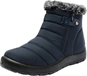 Snow Boots Womens Winter Ankle Boots for Ladies Fleece Lined Warm Booties Thickening Shoes Water Proof Zip Up Flat Sneakers Anti-Slip Outdoor Booties Comfortable Slip On Mid Calf Boots