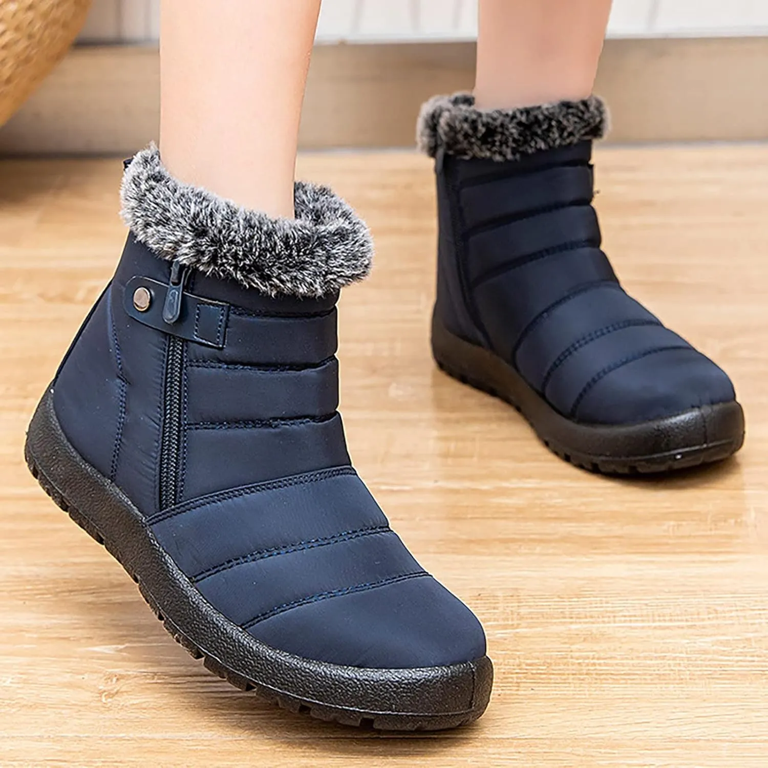 Snow Boots Womens Winter Ankle Boots for Ladies Fleece Lined Warm Booties Thickening Shoes Water Proof Zip Up Flat Sneakers Anti-Slip Outdoor Booties Comfortable Slip On Mid Calf Boots