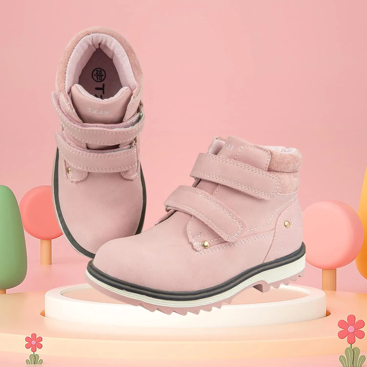 TZJS Kids' Hiking Work Boots for Boys Girls, Waterproof Outdoor Ankle Boots with Hook and Loop
