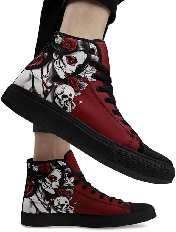 Unisex Fashion Skull High Top Sneakers Classic Lace-Up Canvas Shoes,Casual Cool Hip Hop Tennis Walking Shoes for Men Women