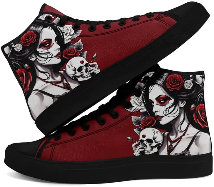 Unisex Fashion Skull High Top Sneakers Classic Lace-Up Canvas Shoes,Casual Cool Hip Hop Tennis Walking Shoes for Men Women