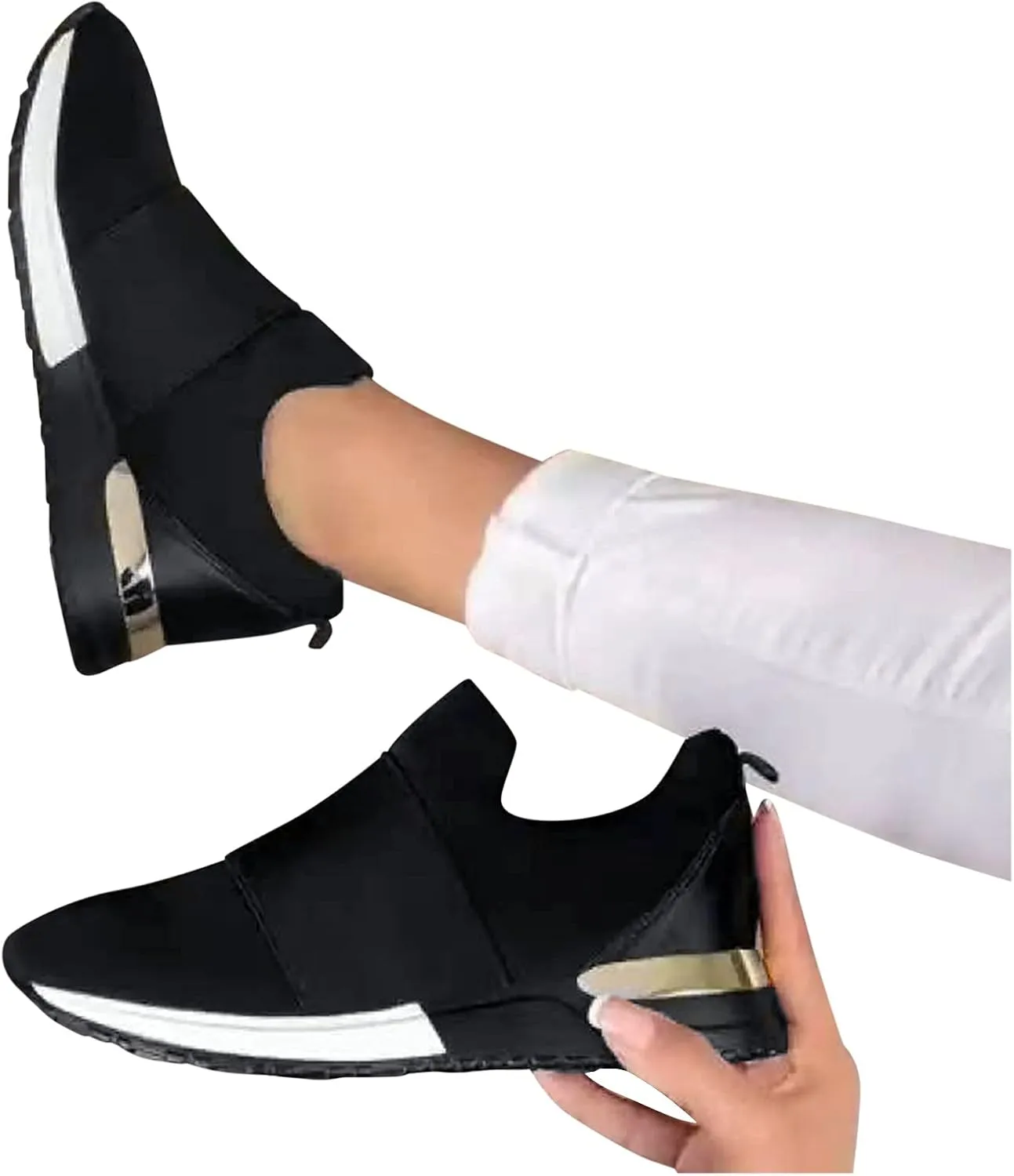 Wedge Fashion Sneakers for Women 2023 Black Slip On Tennis Shoes with Black Soles Nurse Shoes Wide Width for Women Womens Sneakers Black Sole Walking Shoes for Women with Arch Support and Comfort
