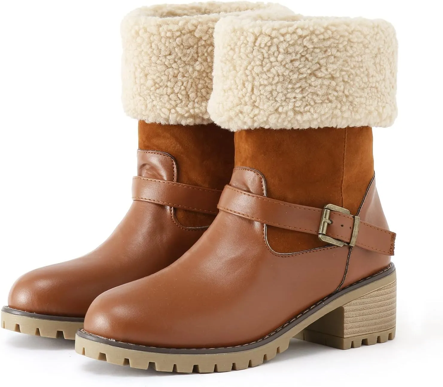 Winter Snow Boots for Women Block Heel Boots Female Mid Calf Boots Winter Warm Cotton Lace up Comfortable Boots