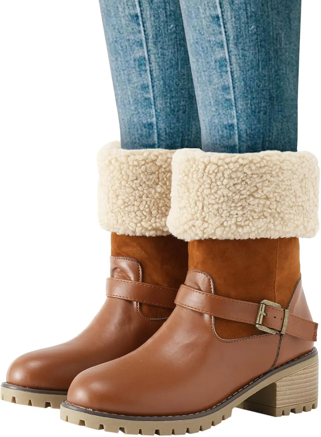 Winter Snow Boots for Women Block Heel Boots Female Mid Calf Boots Winter Warm Cotton Lace up Comfortable Boots