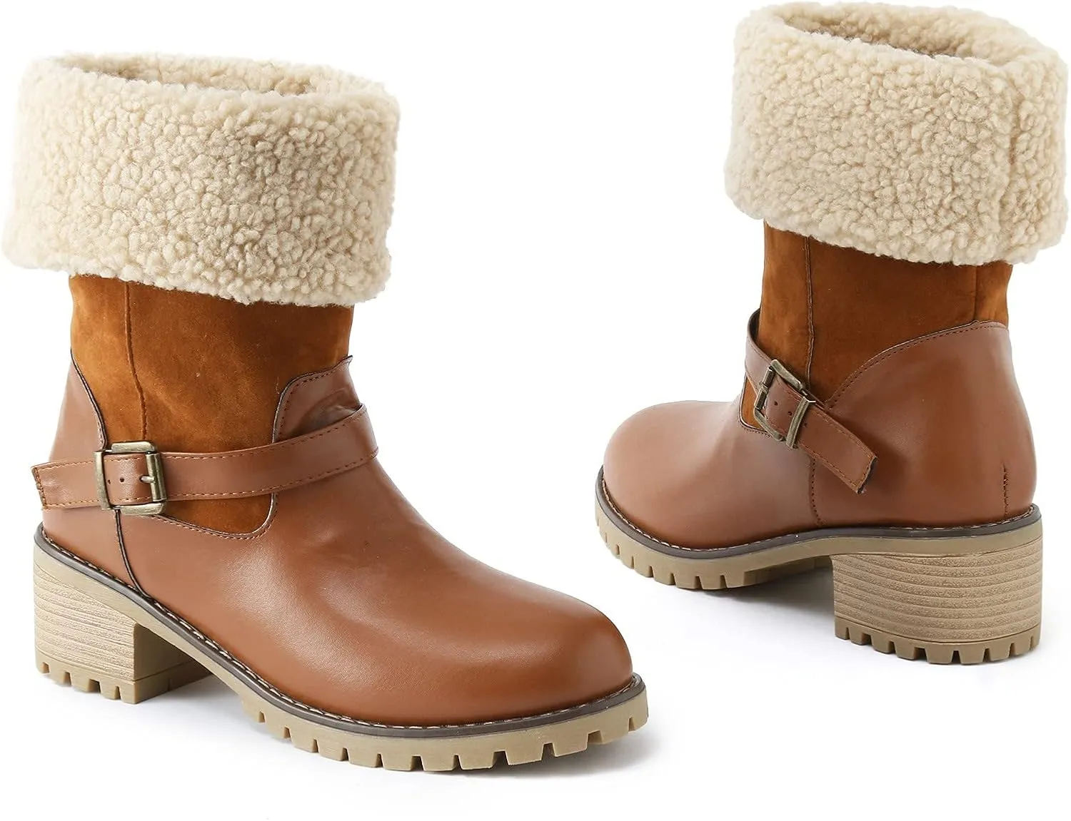 Winter Snow Boots for Women Block Heel Boots Female Mid Calf Boots Winter Warm Cotton Lace up Comfortable Boots
