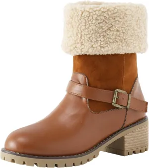 Winter Snow Boots for Women Block Heel Boots Female Mid Calf Boots Winter Warm Cotton Lace up Comfortable Boots