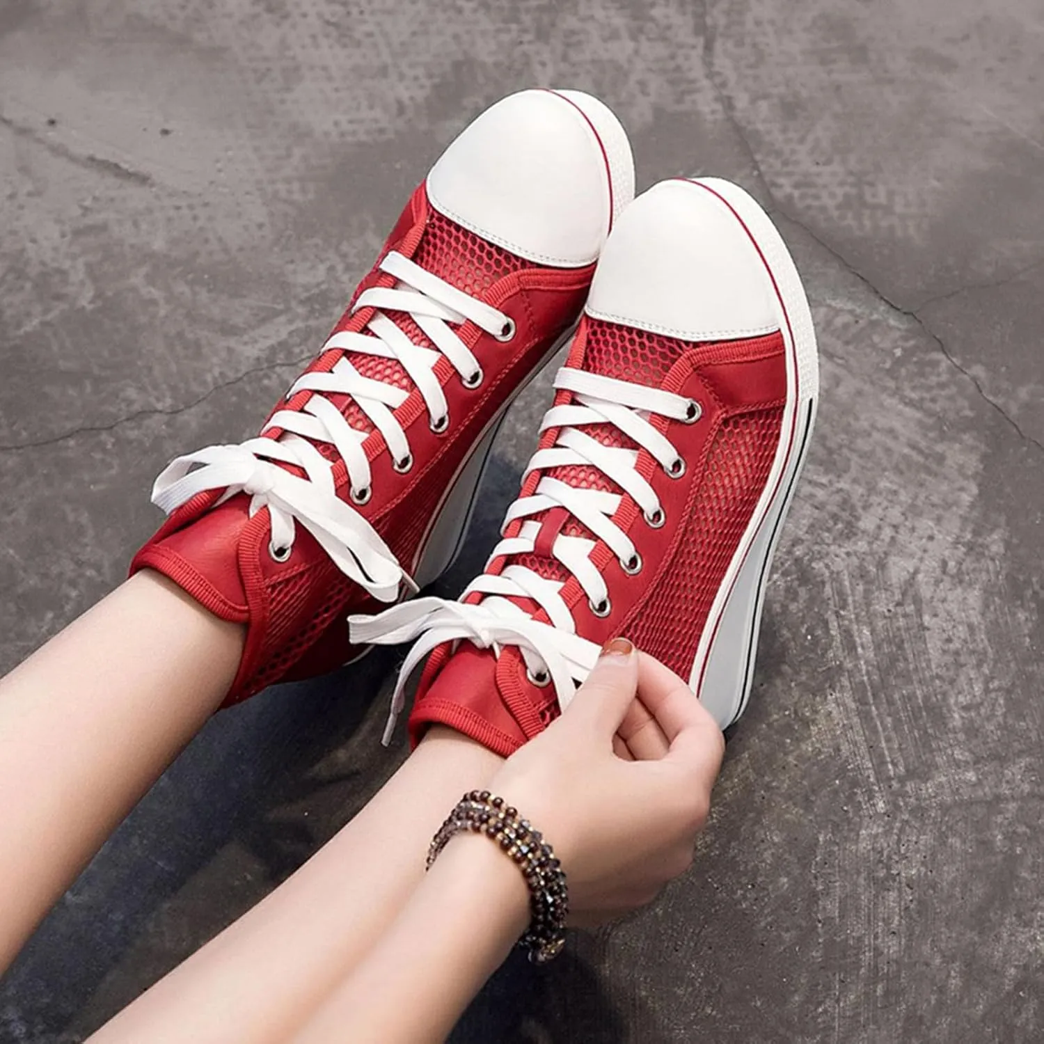 Women's Sneaker Shoes High Heel Fashionable Canvas Shoes High Tube Lace Up Wedge Edge Zipper Slope Angle Shoes Size 4-11