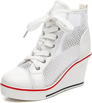 Women's Sneaker Shoes High Heel Fashionable Canvas Shoes High Tube Lace Up Wedge Edge Zipper Slope Angle Shoes Size 4-11