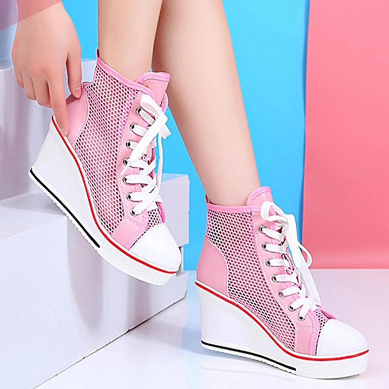 Women's Sneaker Shoes High Heel Fashionable Canvas Shoes High Tube Lace Up Wedge Edge Zipper Slope Angle Shoes Size 4-11