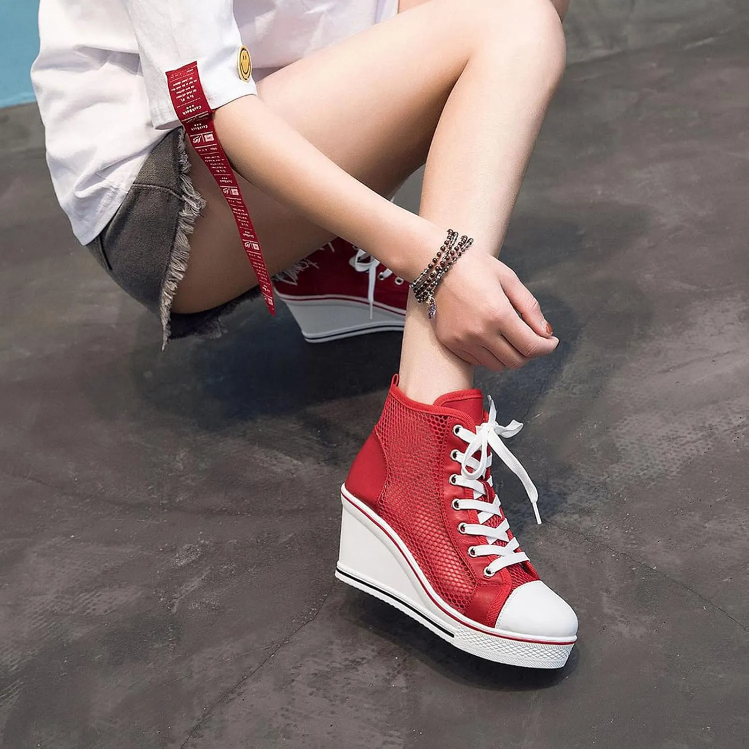 Women's Sneaker Shoes High Heel Fashionable Canvas Shoes High Tube Lace Up Wedge Edge Zipper Slope Angle Shoes Size 4-11