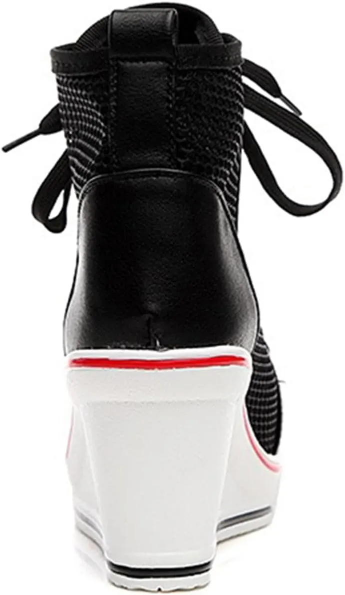 Women's Sneaker Shoes High Heel Fashionable Canvas Shoes High Tube Lace Up Wedge Edge Zipper Slope Angle Shoes Size 4-11