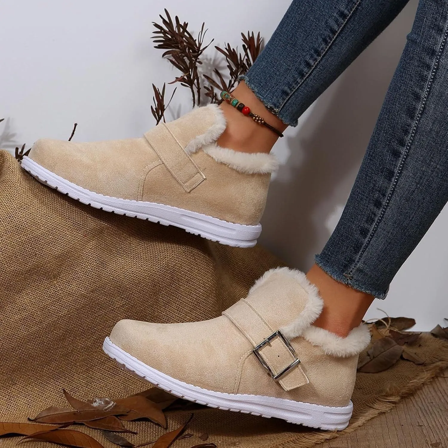 Women's Snow Boots Winter Boots Warm Fleece Lined Ankle Booties Hiking Trekking Climbing Shoes Anti-Slip Water-proof Outdoor Boots Work Boots Slip On Loafers Shoes with Metal Buckle