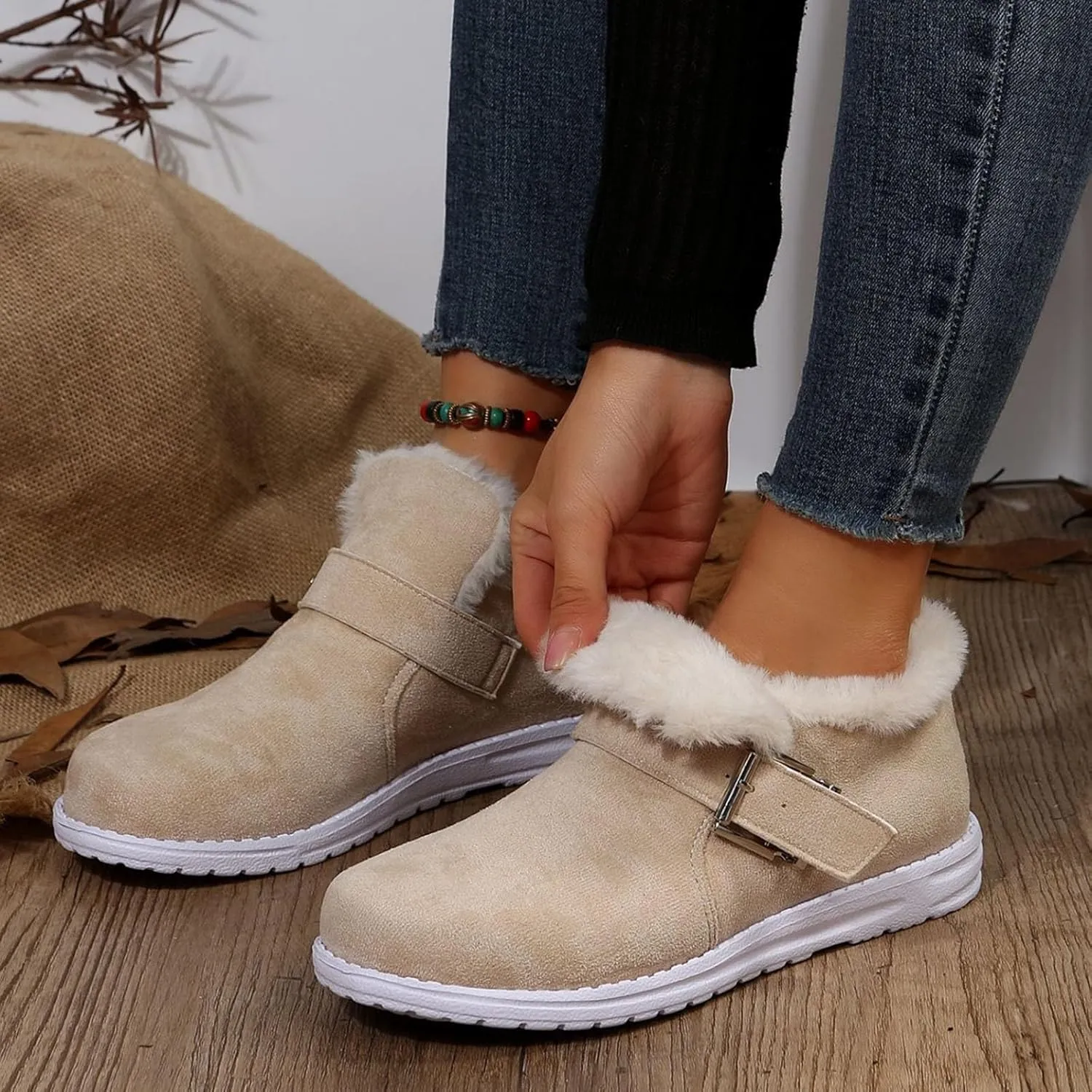 Women's Snow Boots Winter Boots Warm Fleece Lined Ankle Booties Hiking Trekking Climbing Shoes Anti-Slip Water-proof Outdoor Boots Work Boots Slip On Loafers Shoes with Metal Buckle