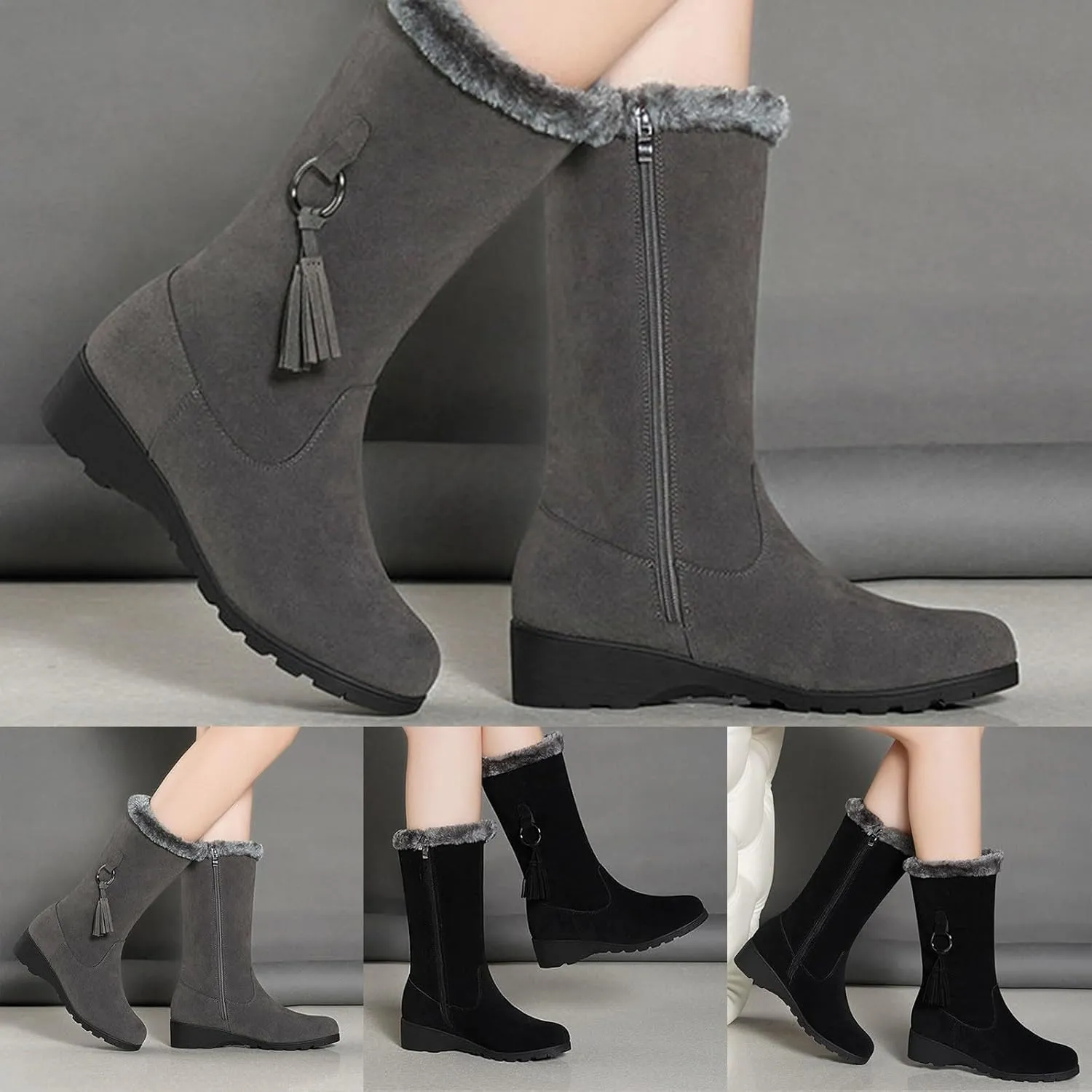 Womens Winter Snow Boots Mid-Calf Boots for Women Ladies Casual Fashion Furry Warm Tall Boot Platform Wedge Booties Fleece Lined Outdoor Booties Comfortable Pull On Boots with Fringe Trim