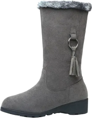 Womens Winter Snow Boots Mid-Calf Boots for Women Ladies Casual Fashion Furry Warm Tall Boot Platform Wedge Booties Fleece Lined Outdoor Booties Comfortable Pull On Boots with Fringe Trim