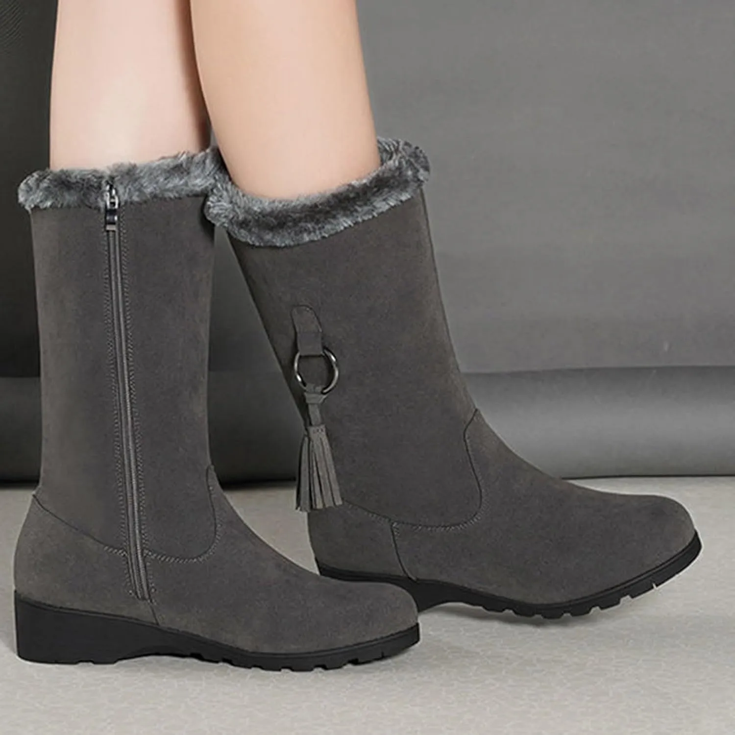 Womens Winter Snow Boots Mid-Calf Boots for Women Ladies Casual Fashion Furry Warm Tall Boot Platform Wedge Booties Fleece Lined Outdoor Booties Comfortable Pull On Boots with Fringe Trim