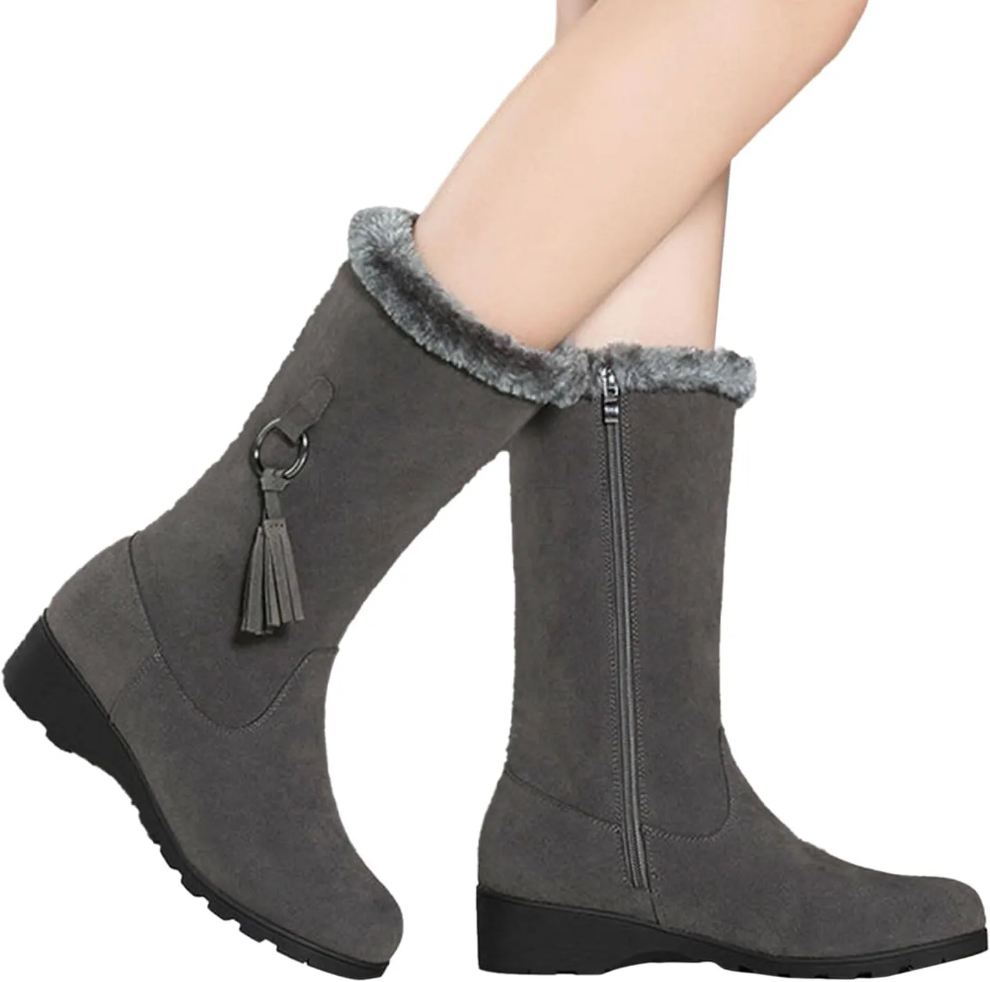 Womens Winter Snow Boots Mid-Calf Boots for Women Ladies Casual Fashion Furry Warm Tall Boot Platform Wedge Booties Fleece Lined Outdoor Booties Comfortable Pull On Boots with Fringe Trim
