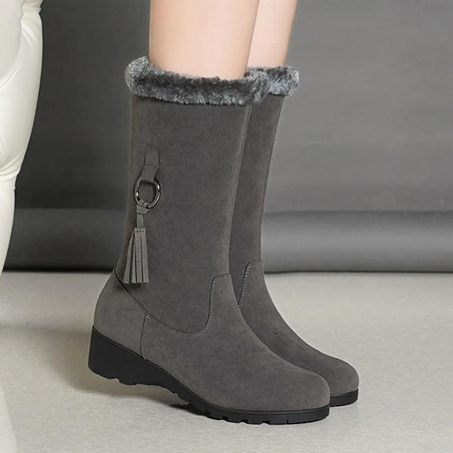 Womens Winter Snow Boots Mid-Calf Boots for Women Ladies Casual Fashion Furry Warm Tall Boot Platform Wedge Booties Fleece Lined Outdoor Booties Comfortable Pull On Boots with Fringe Trim