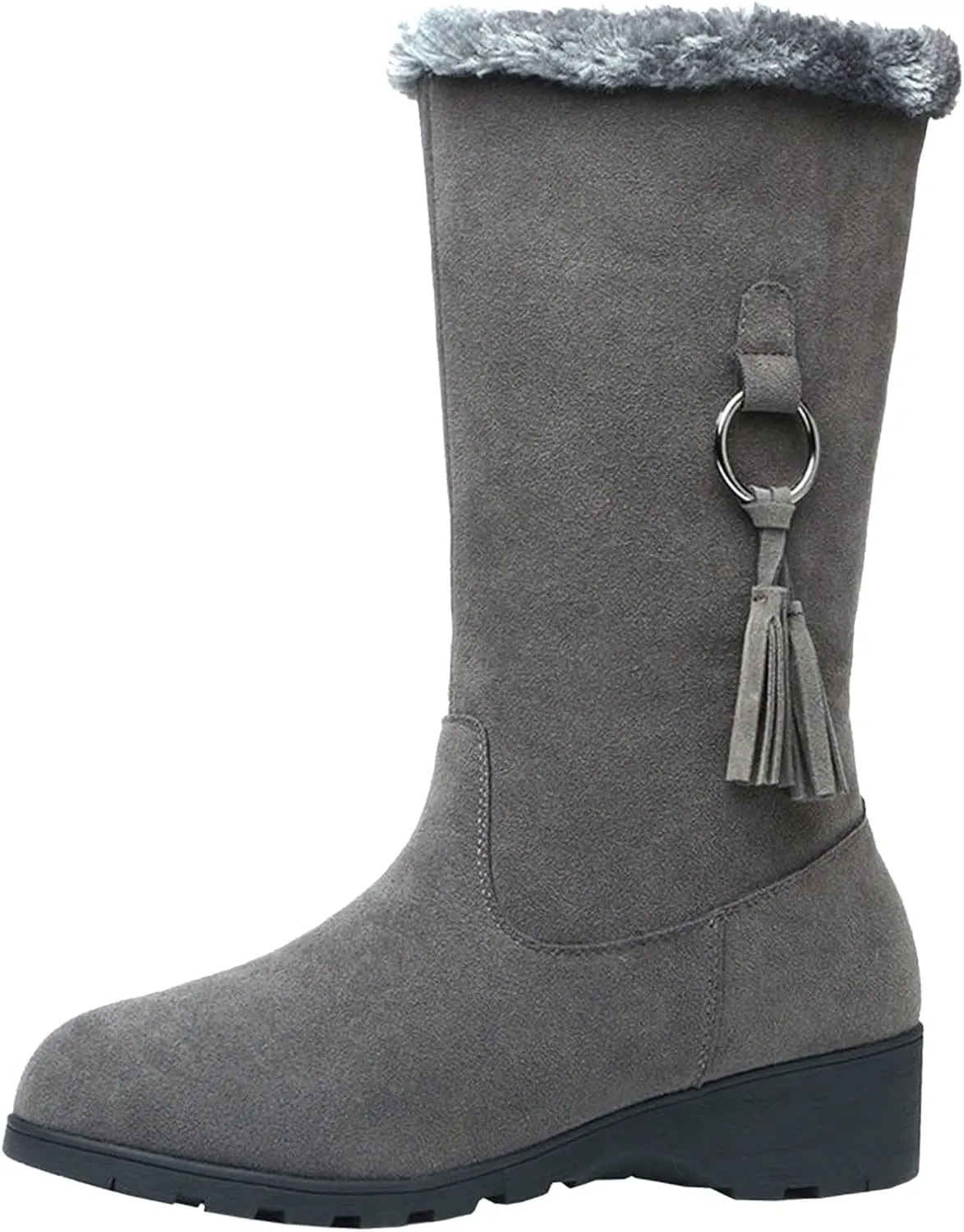 Womens Winter Snow Boots Mid-Calf Boots for Women Ladies Casual Fashion Furry Warm Tall Boot Platform Wedge Booties Fleece Lined Outdoor Booties Comfortable Pull On Boots with Fringe Trim