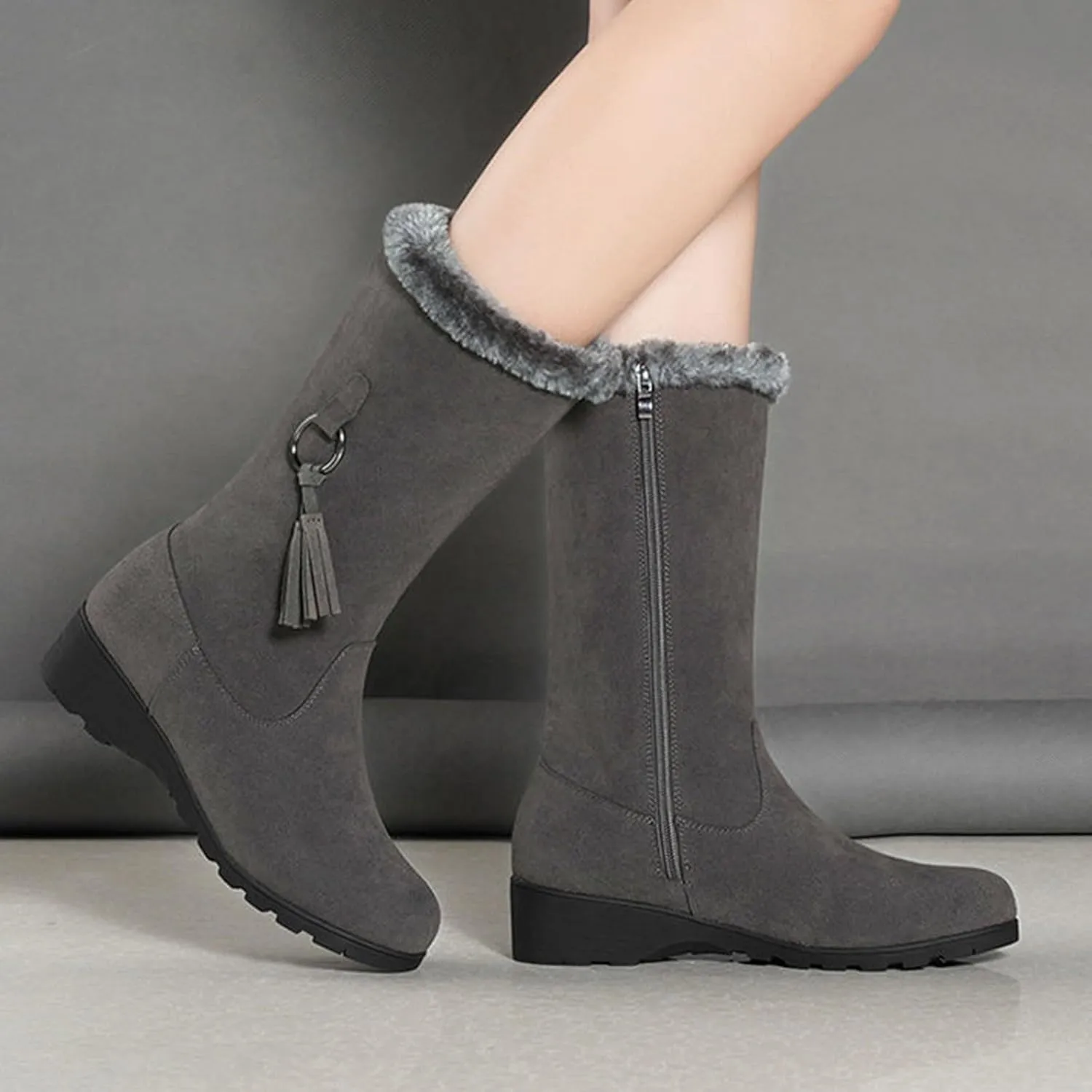 Womens Winter Snow Boots Mid-Calf Boots for Women Ladies Casual Fashion Furry Warm Tall Boot Platform Wedge Booties Fleece Lined Outdoor Booties Comfortable Pull On Boots with Fringe Trim
